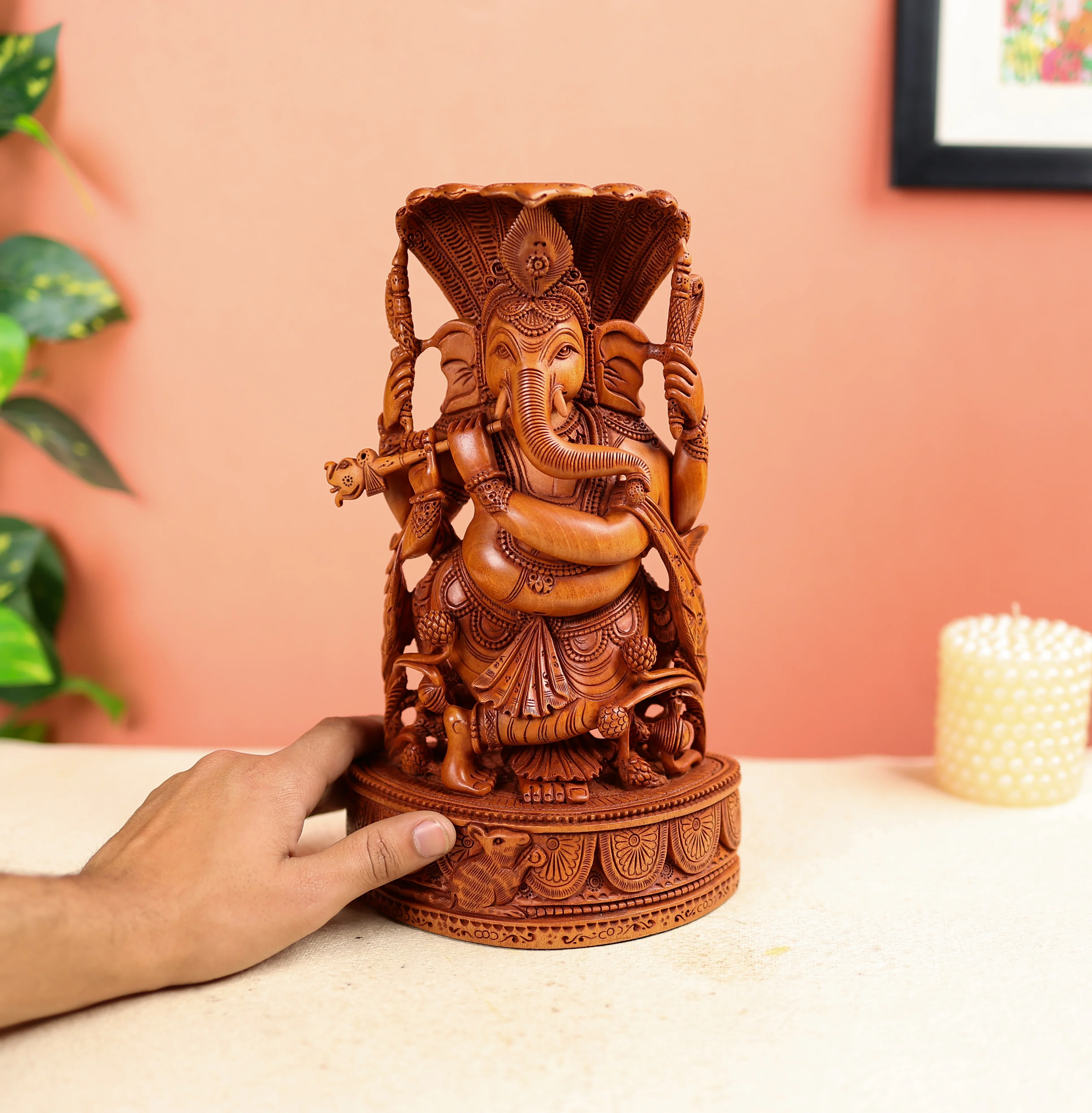 11" Kadam Wood Carved Lord Gnesha Fluting under Seesh Naag - Image 6