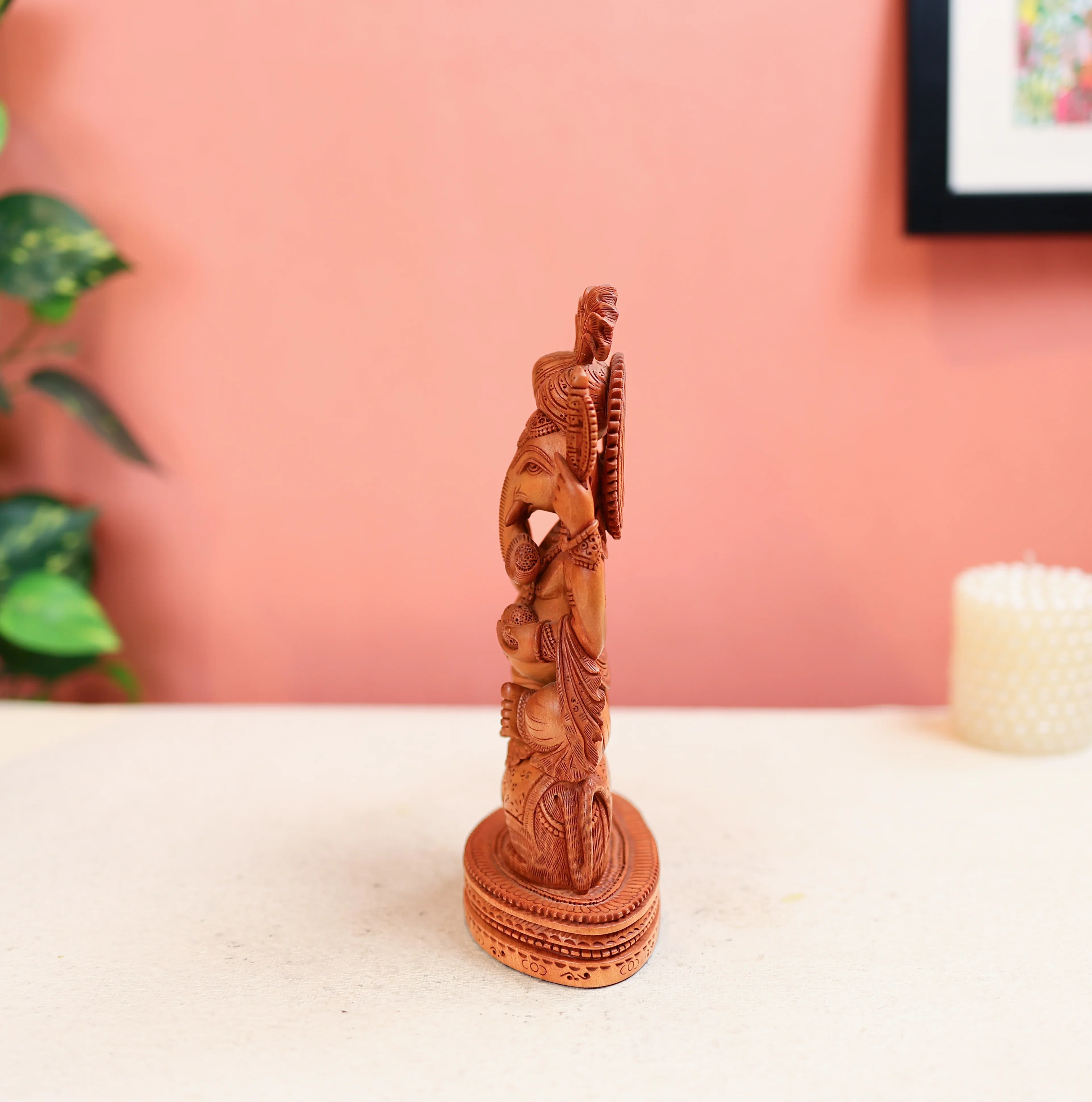 9" Kadam Wood Carved Lord Ganesha Statue Sitting On Mouse - Image 3