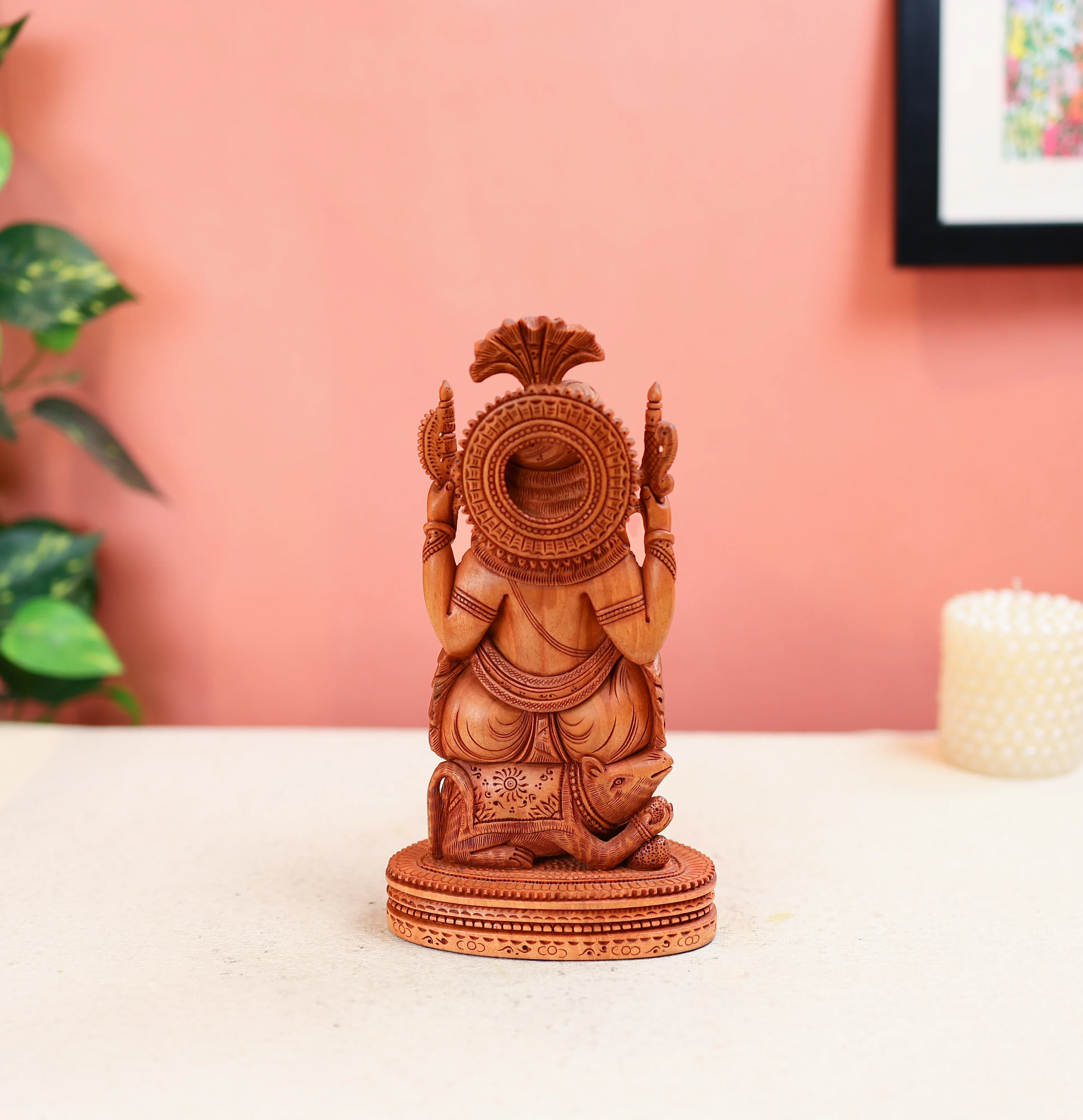 9" Kadam Wood Carved Lord Ganesha Statue Sitting On Mouse - Image 4