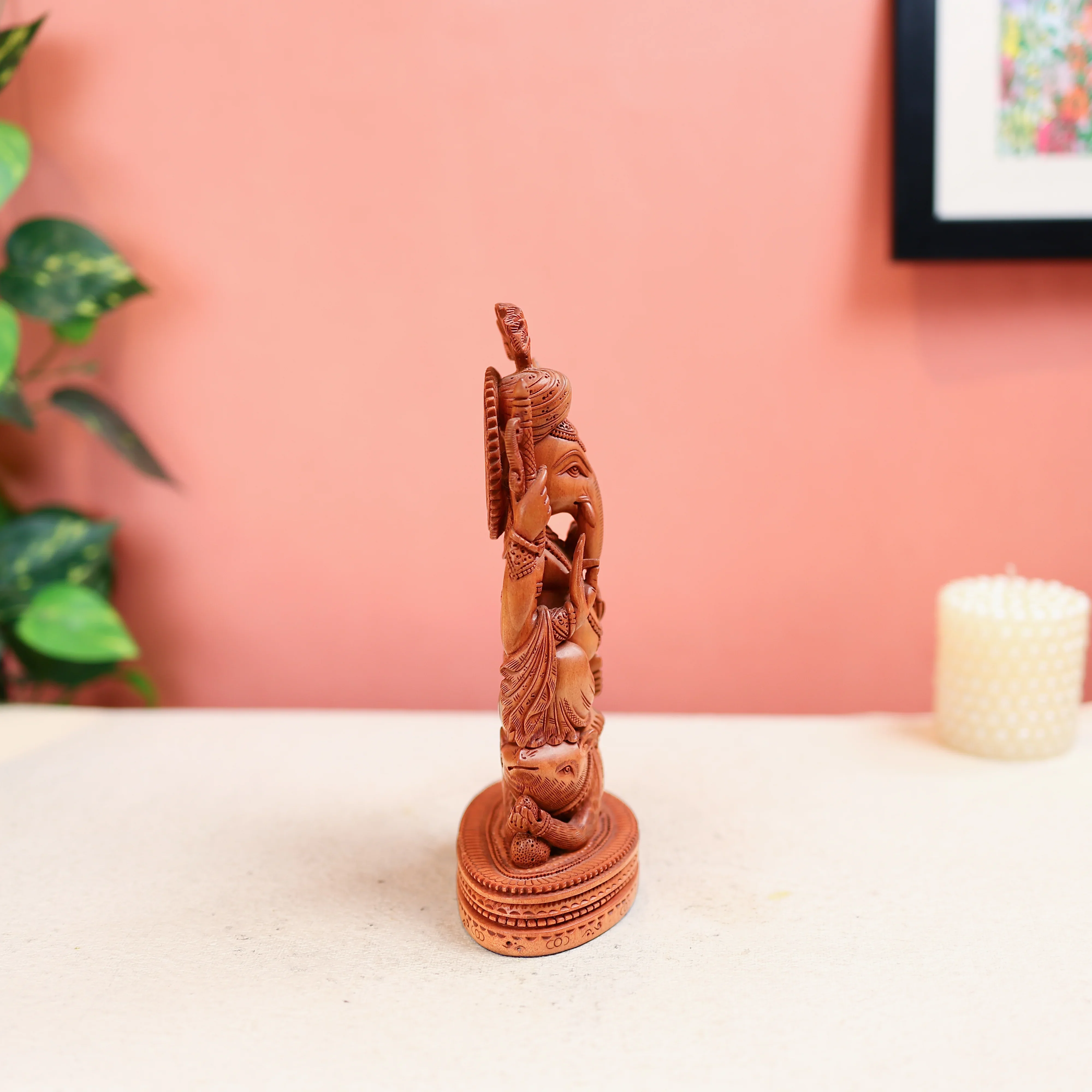 9" Kadam Wood Carved Lord Ganesha Statue Sitting On Mouse - Image 5
