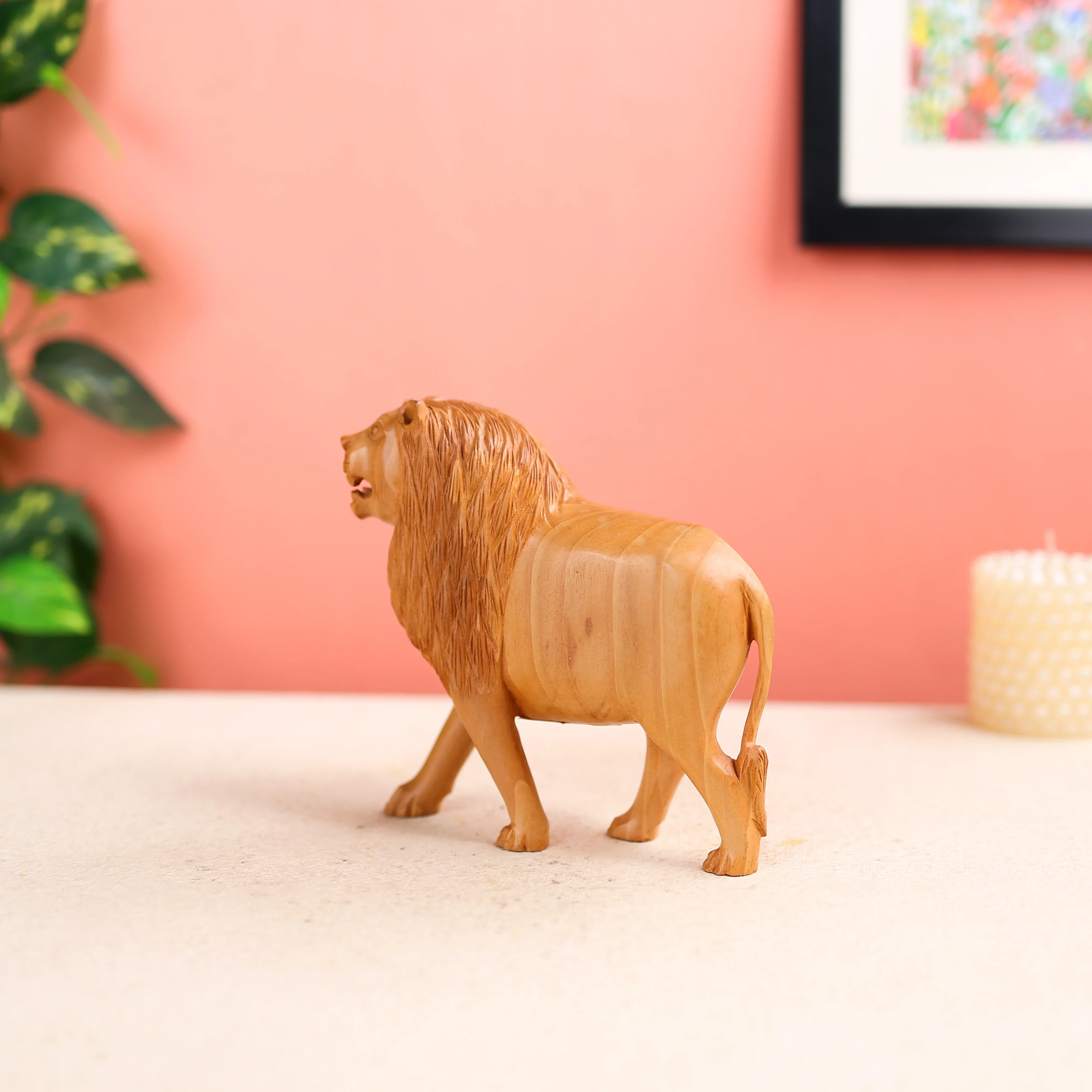 6" Kadam Wood Carved Lion Table Table Decor - Image 2