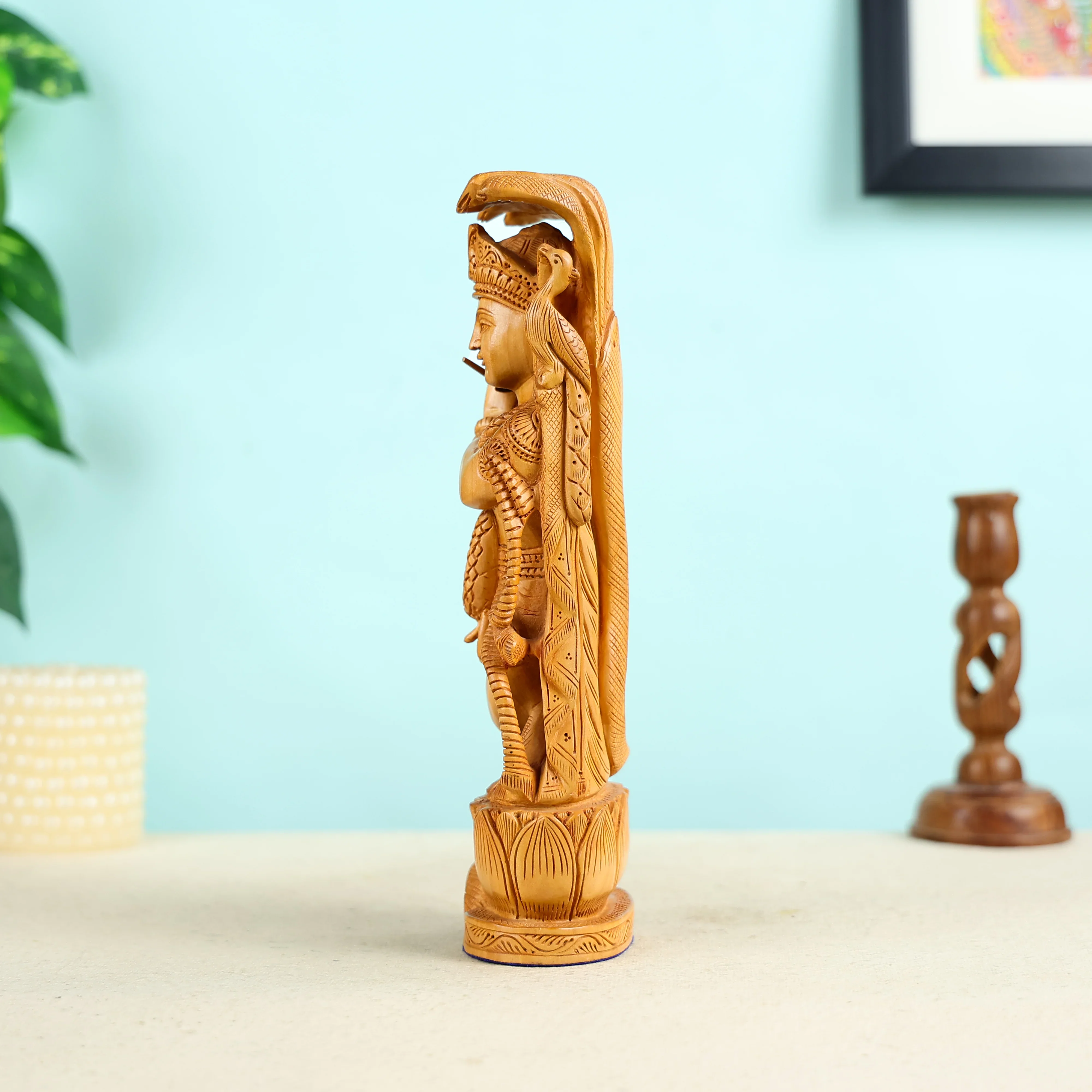 Wooden Lord Krishna Playing Flute Statue - Image 3