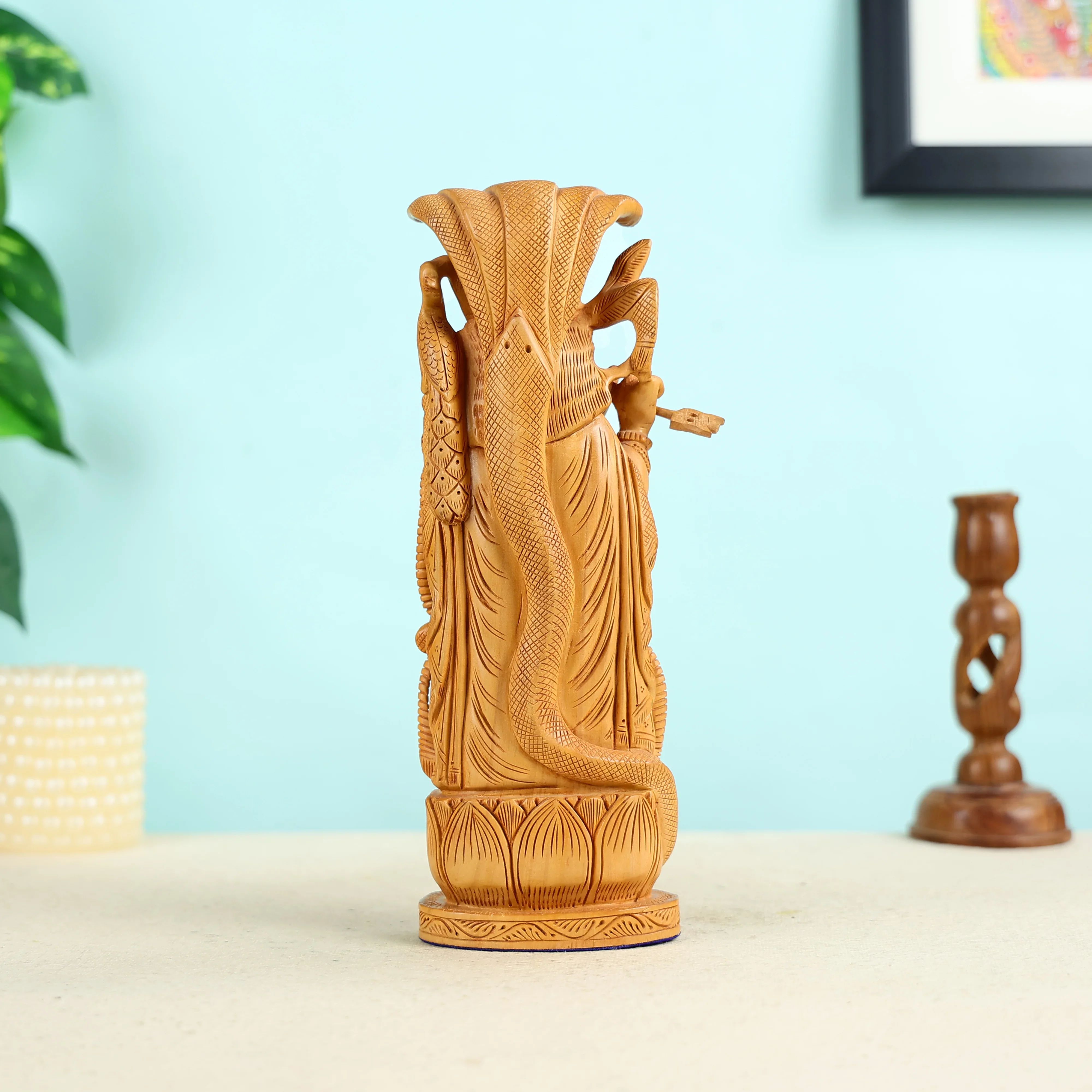Wooden Lord Krishna Playing Flute Statue - Image 4