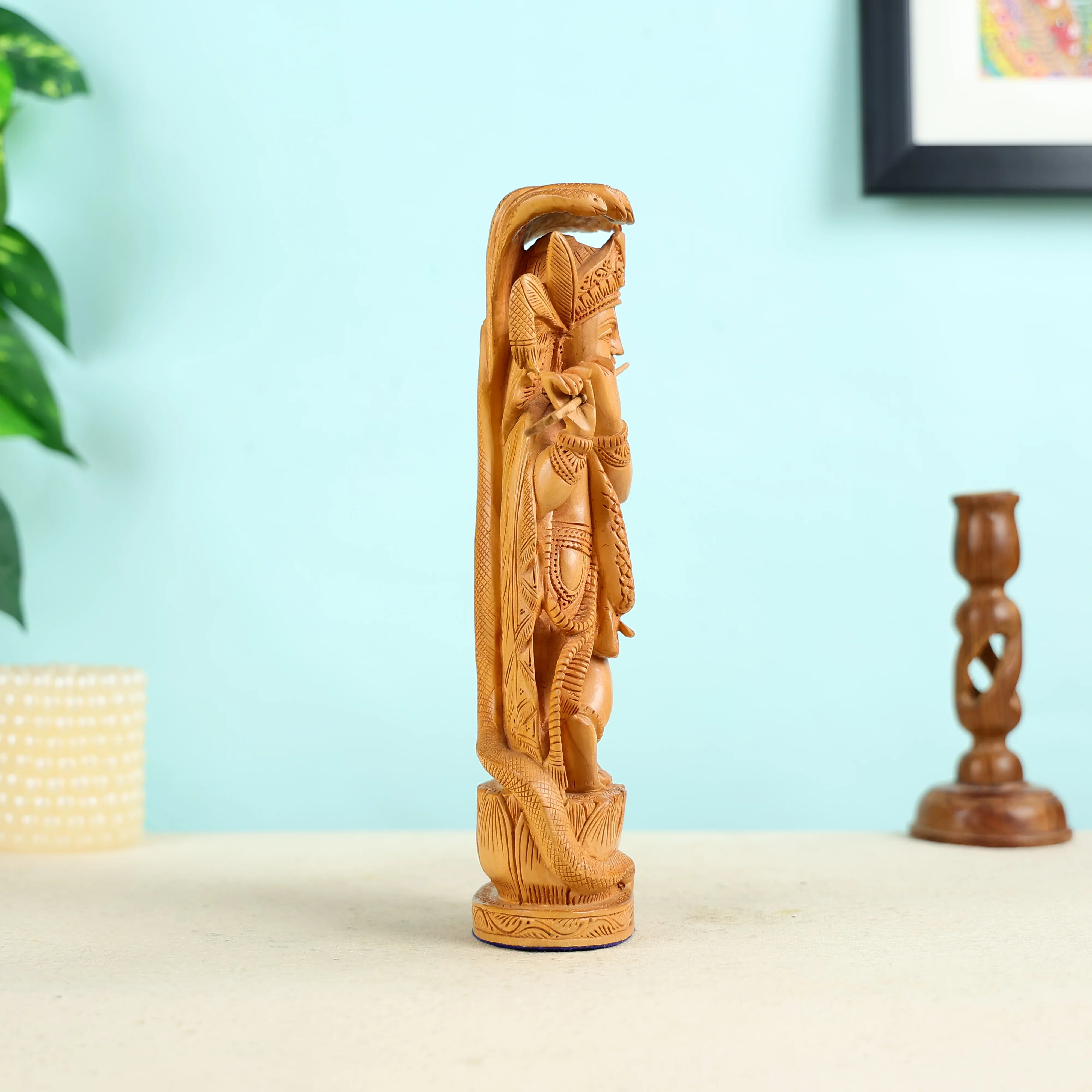 Wooden Lord Krishna Playing Flute Statue - Image 5