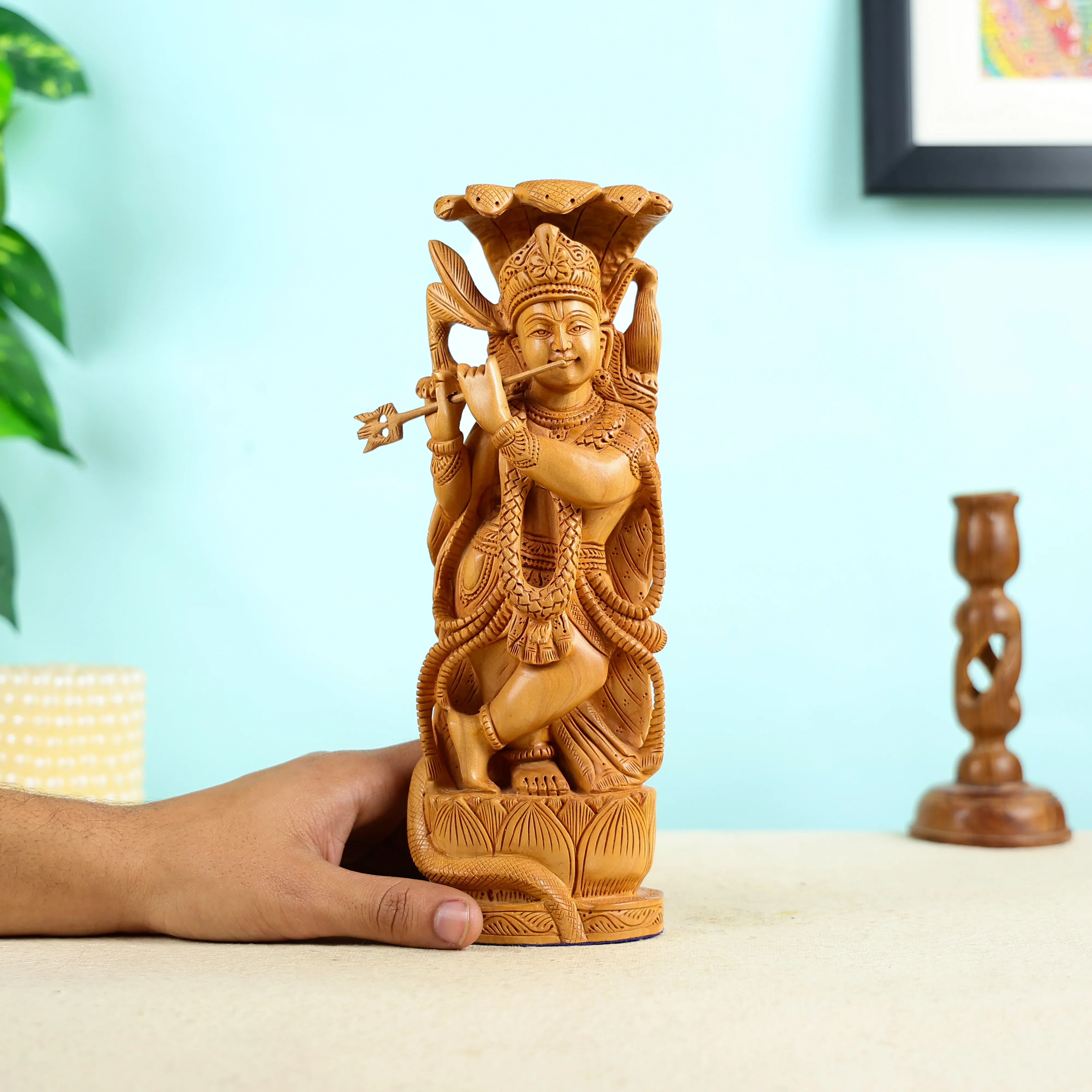 Wooden Lord Krishna Playing Flute Statue - Image 6