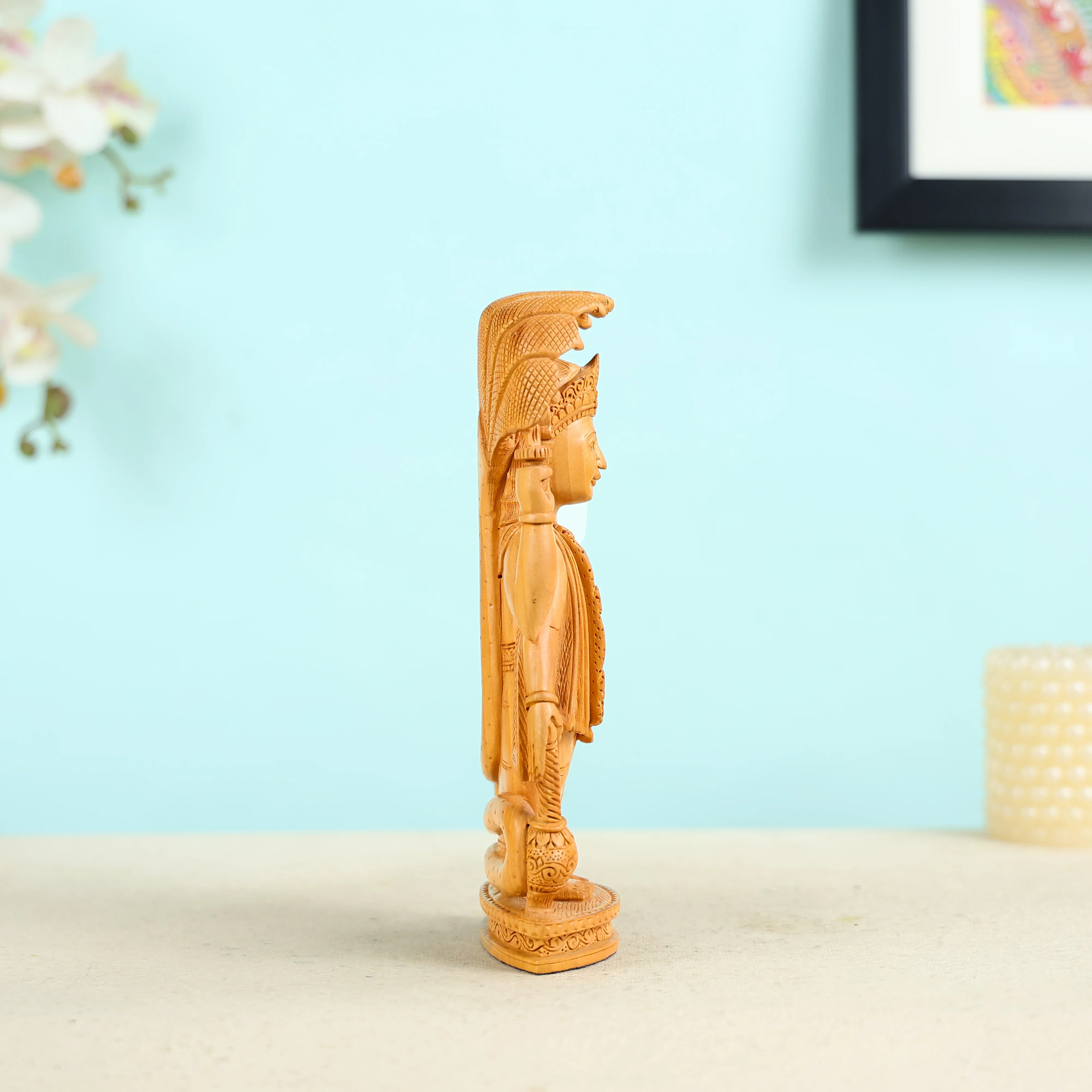 Kadam Wood Hand Carved Lord Vishnu Statue - Image 5
