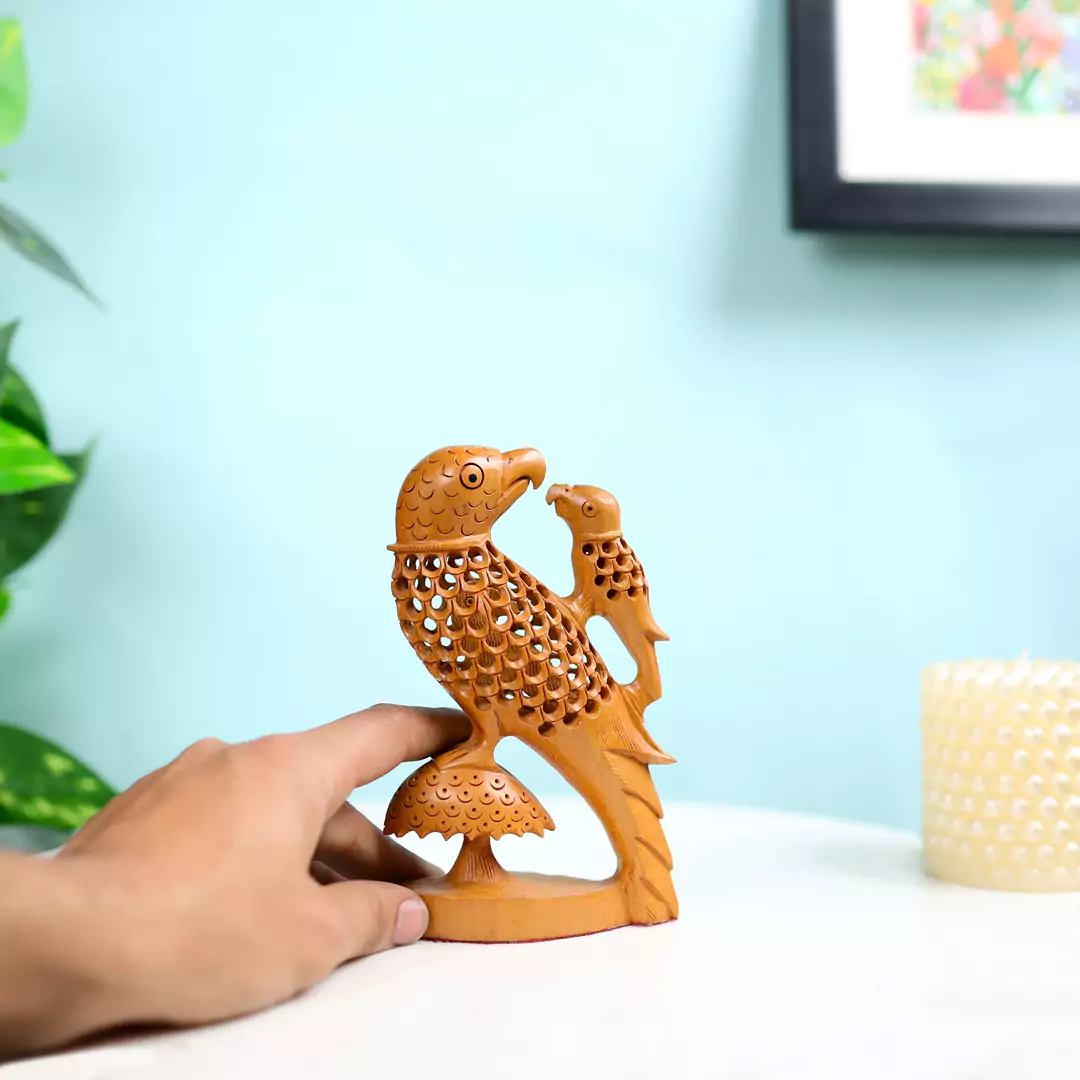 Kadam Wood Hand Carved Under-Cut Parrot Mother And Child - Image 4