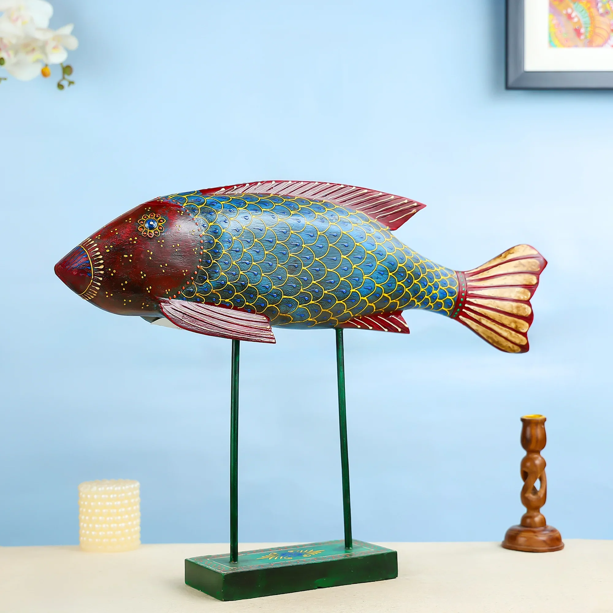 Wooden Painted Fish On Stand Table Decor