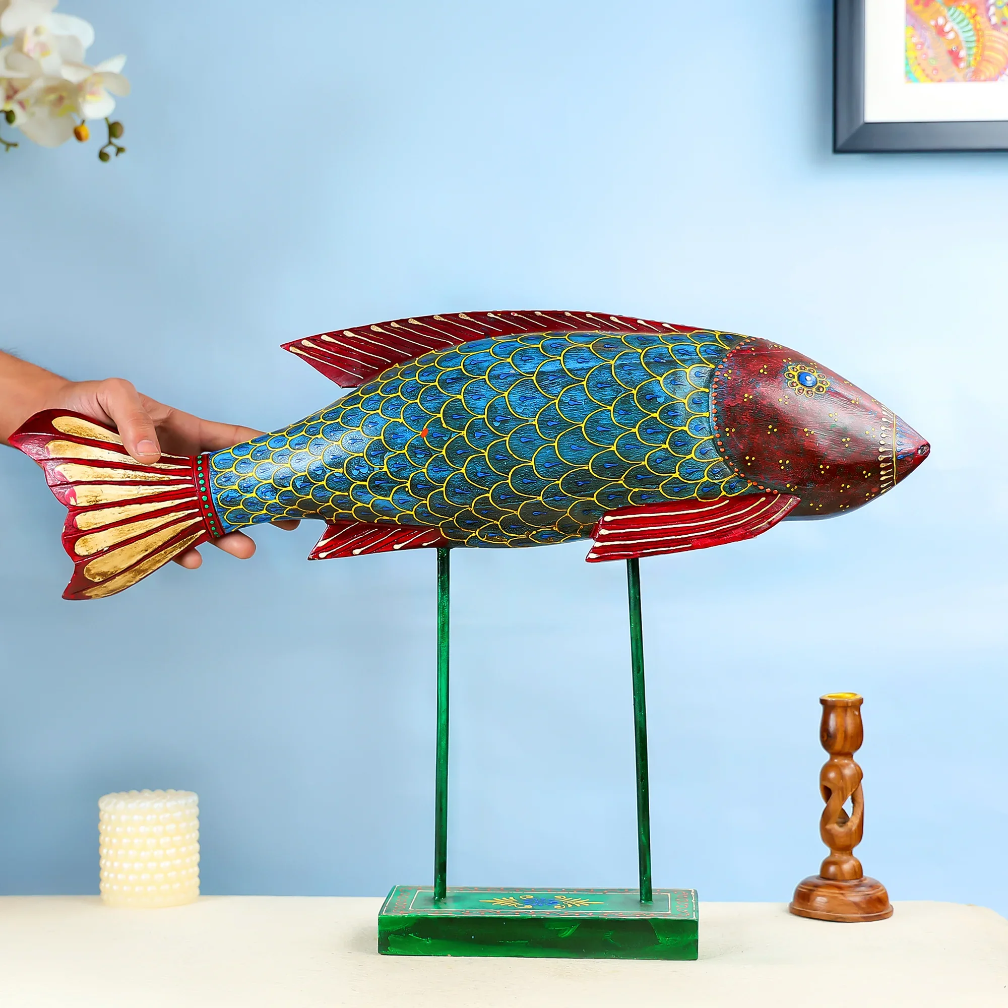 Wooden Painted Fish On Stand Table Decor - Image 2