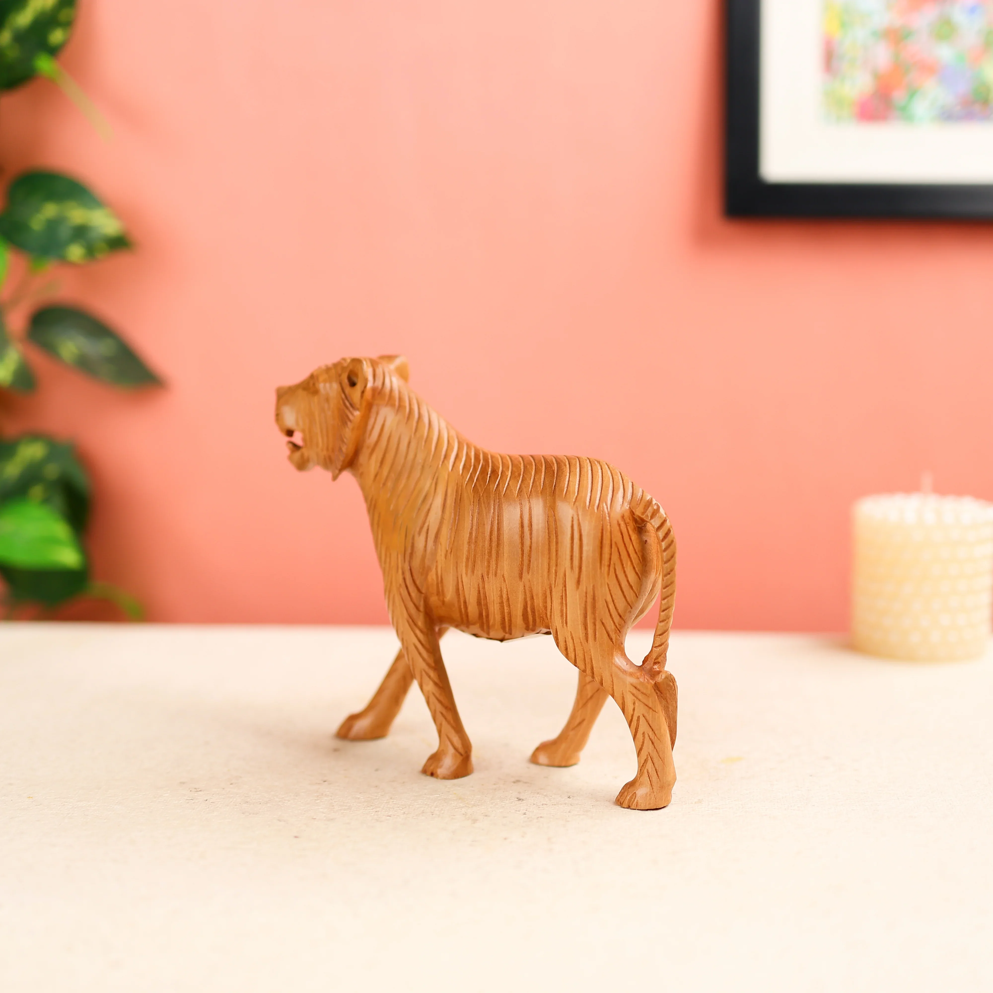 Kadam Wood Carved Bengal Tiger Table Decor - Image 2