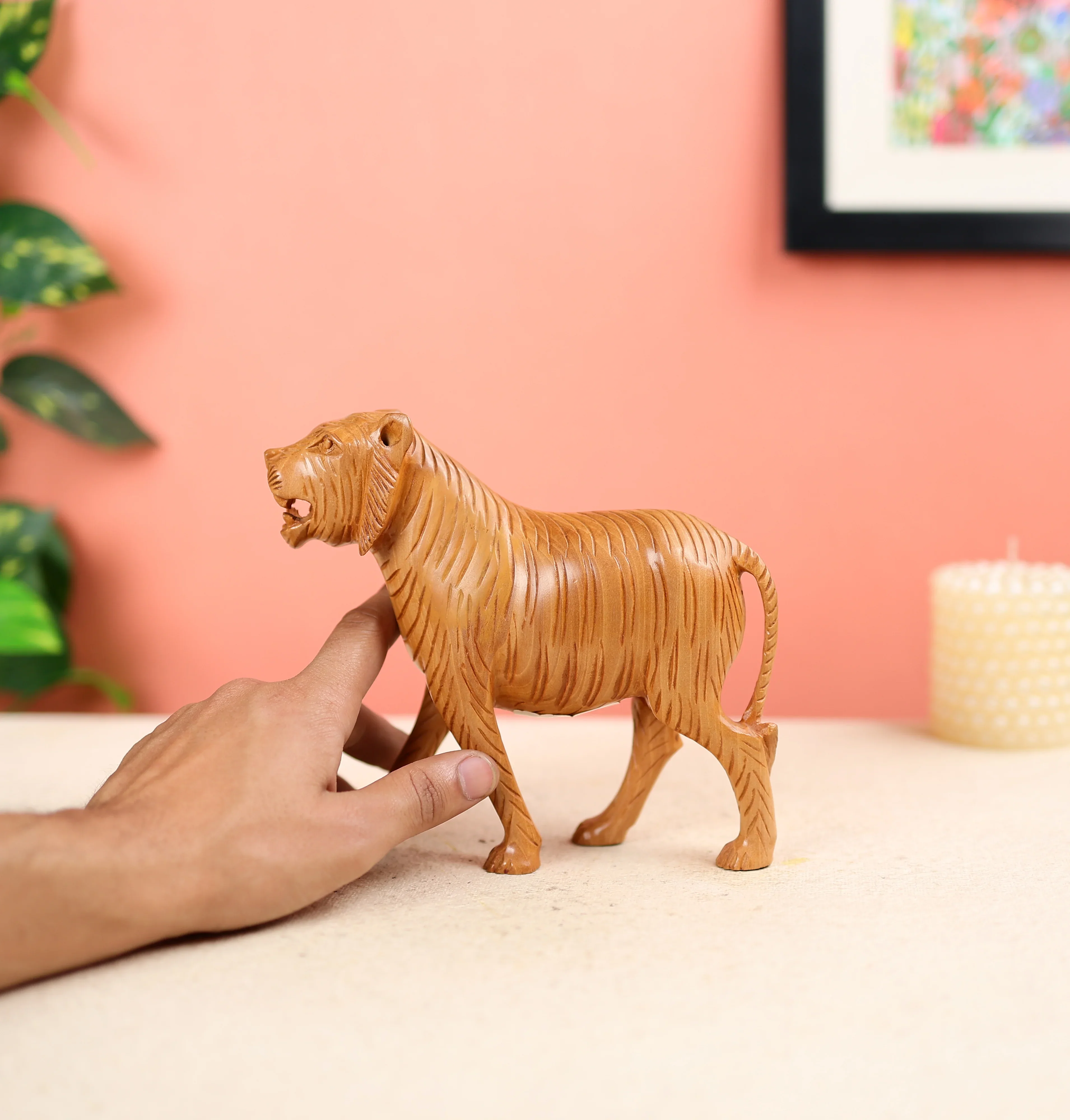Kadam Wood Carved Bengal Tiger Table Decor - Image 6